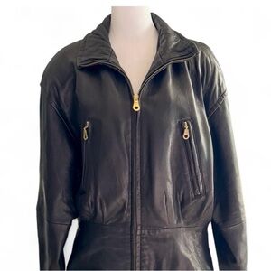 Elegant Black Leather Jacket with Gold Accents - real leather